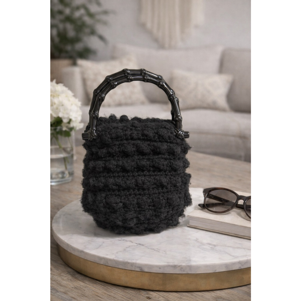 Vintage Handmade Black Knit Purse with Bamboo-Style Handle – Made with Tender Lo